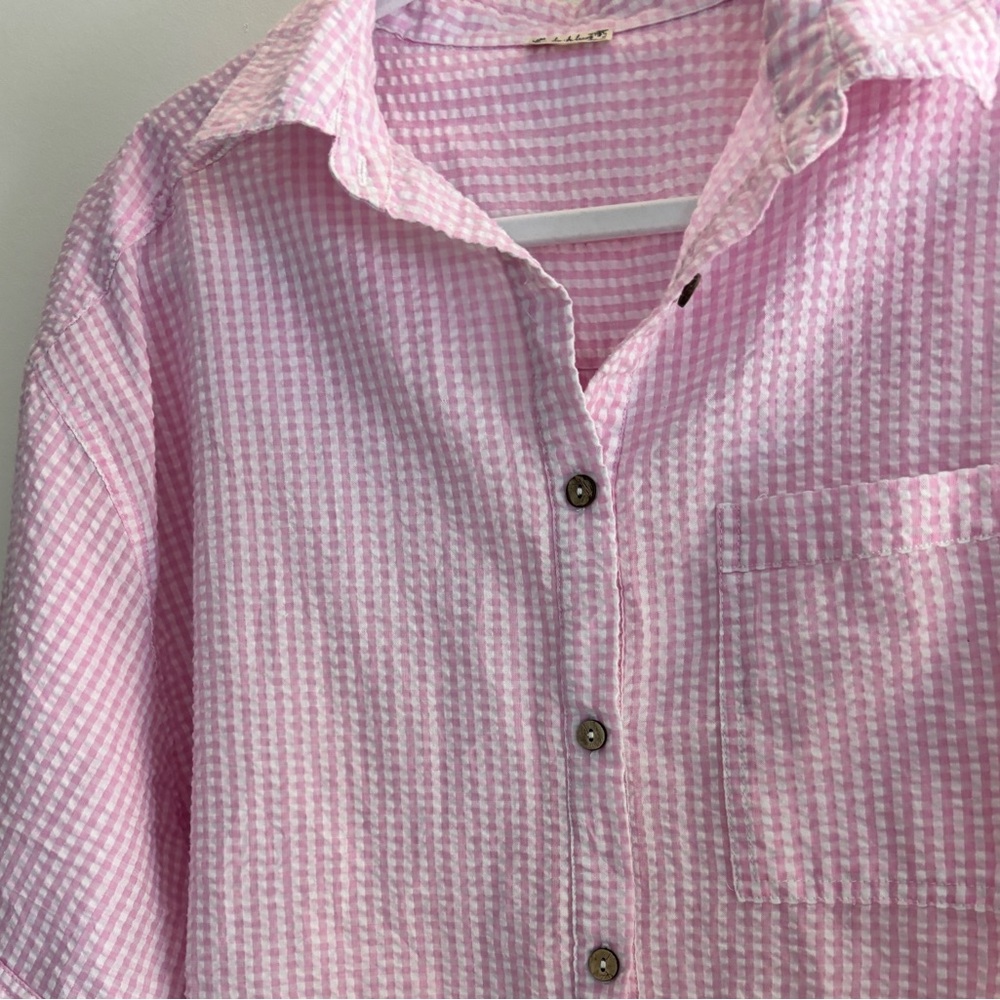 Free People Pink&White Gingham Seersucker Button-Up | Cottagecore Oversized Top